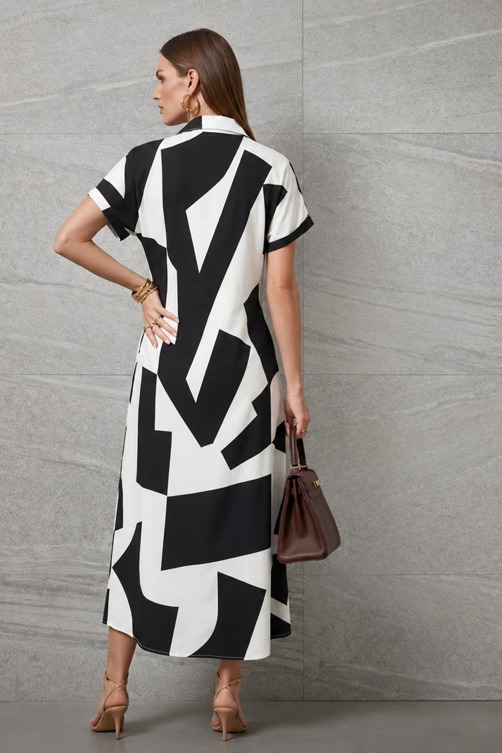 Knit Maxi Tunic Dress Geometric Button-Up - 3