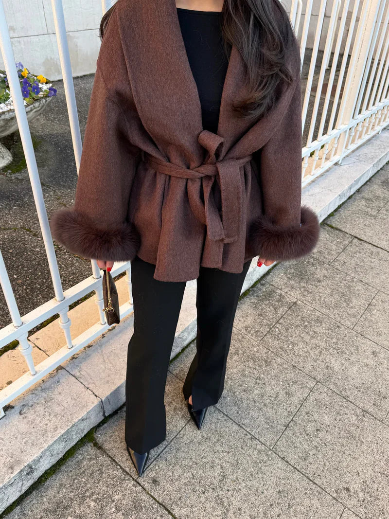 Faux Fur Collar Jacket with Cinched Waist - view 7