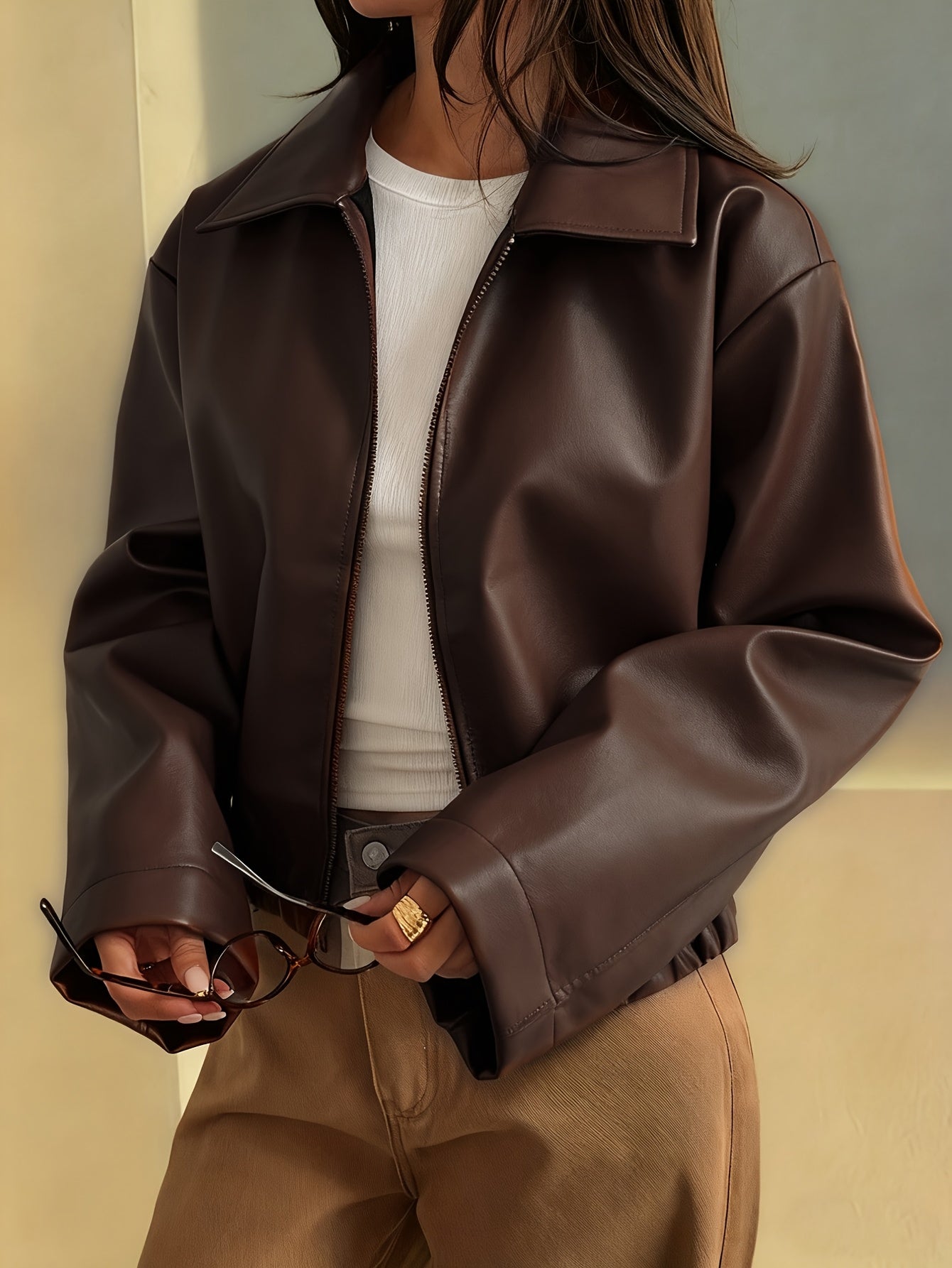 Cropped Faux Leather Zip Jacket with Collar - view 2