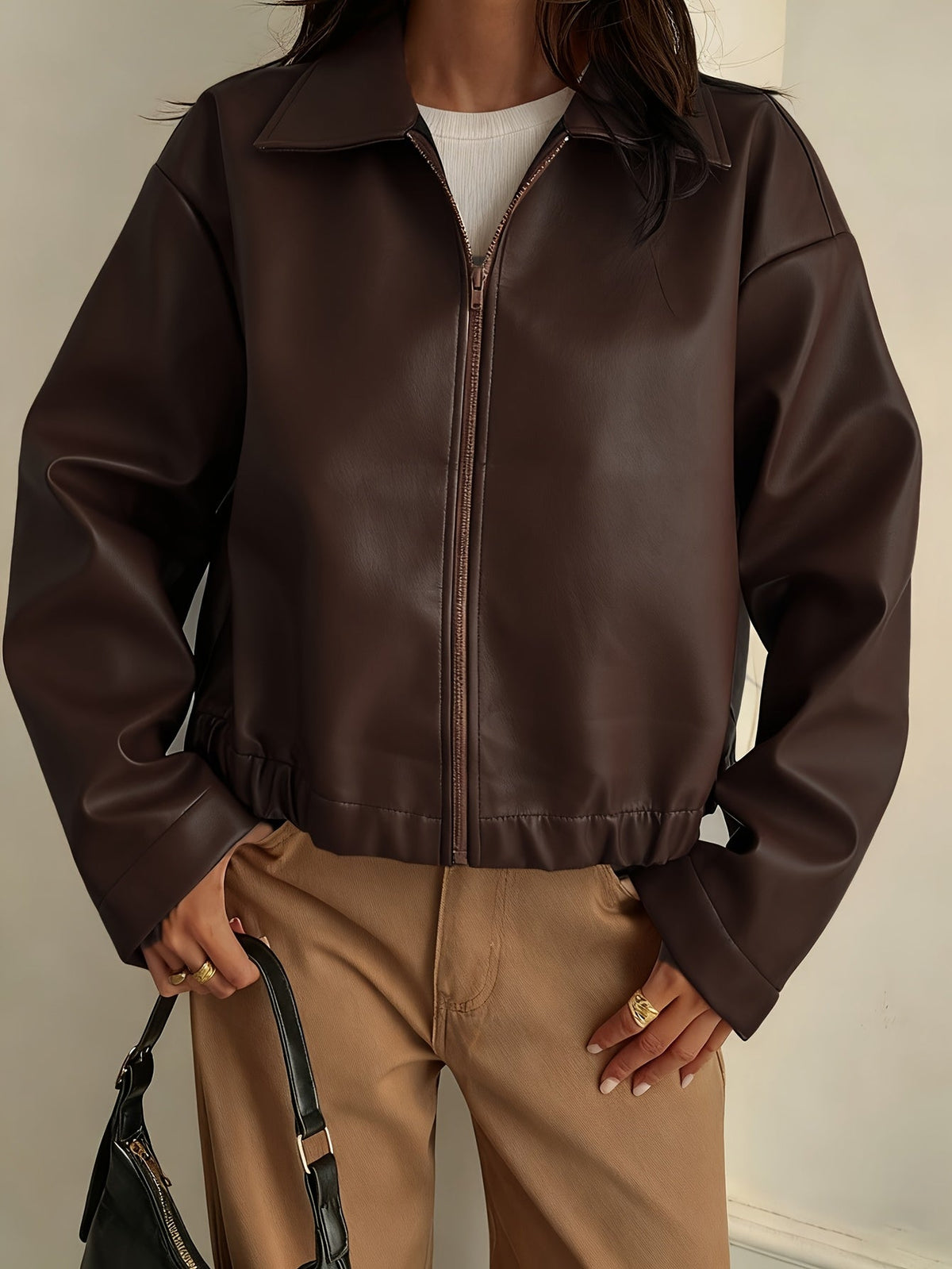 Cropped Faux Leather Zip Jacket with Collar - view 3