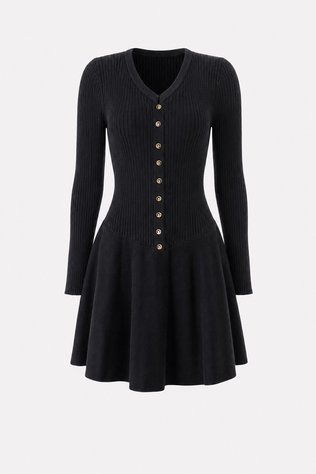 Black V-neck sweater dress with bell sleeves