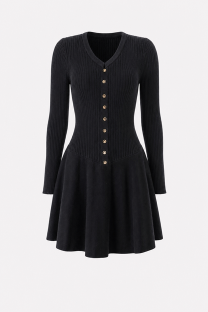 Black V-neck sweater dress with bell sleeves