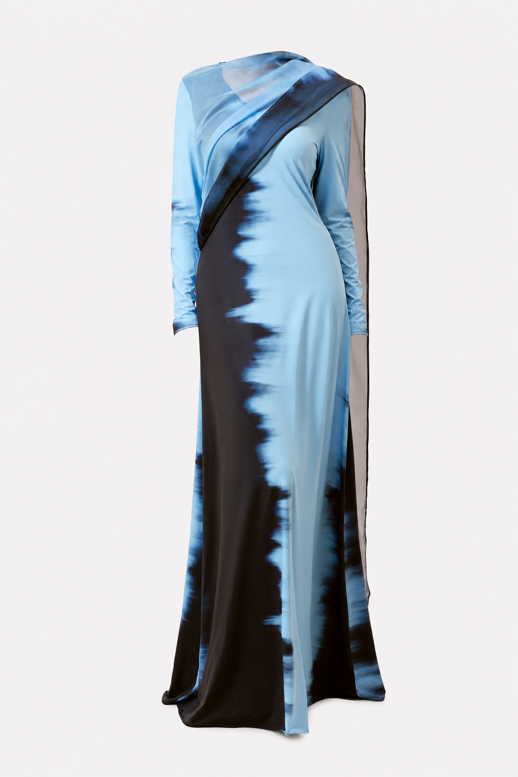 Blue Ombre Tie-Dye Maxi Dress with Cape Drape