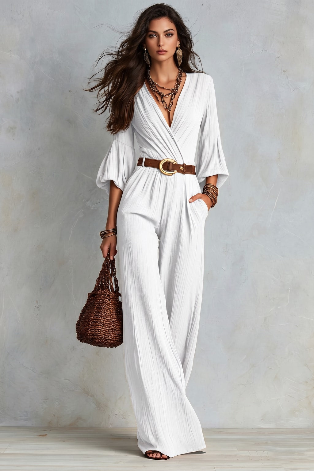 Polyester Wide Leg Jumpsuit With Deep V-Neck - 8