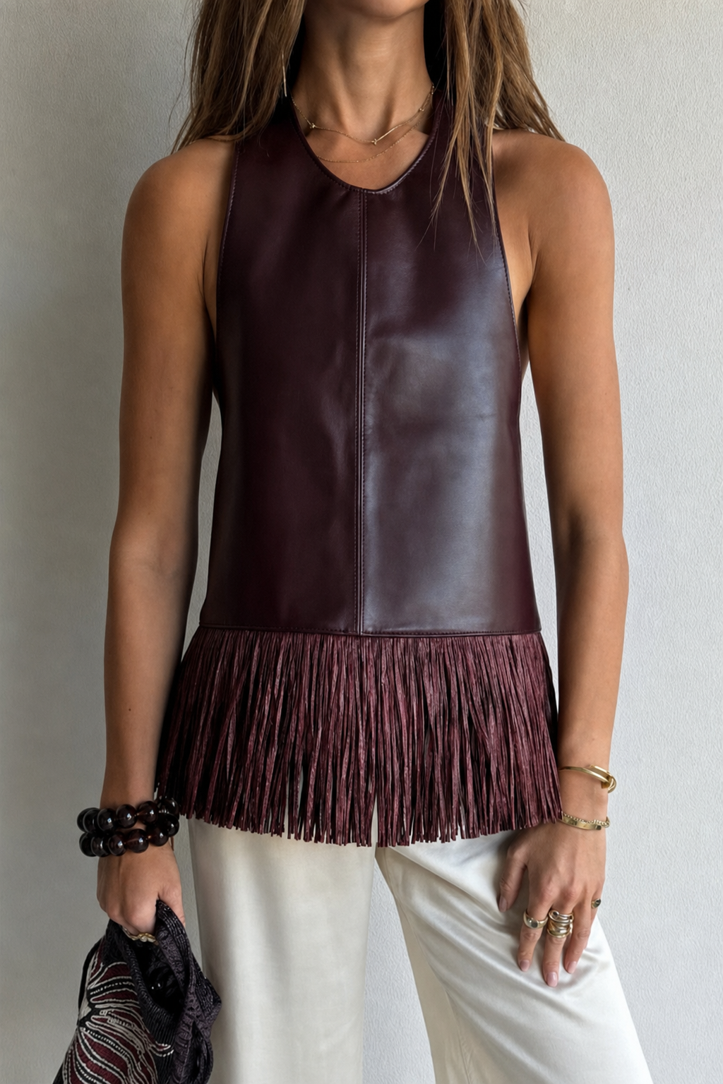 Edgy Faux Leather Halter Neck Tassel Top - 2