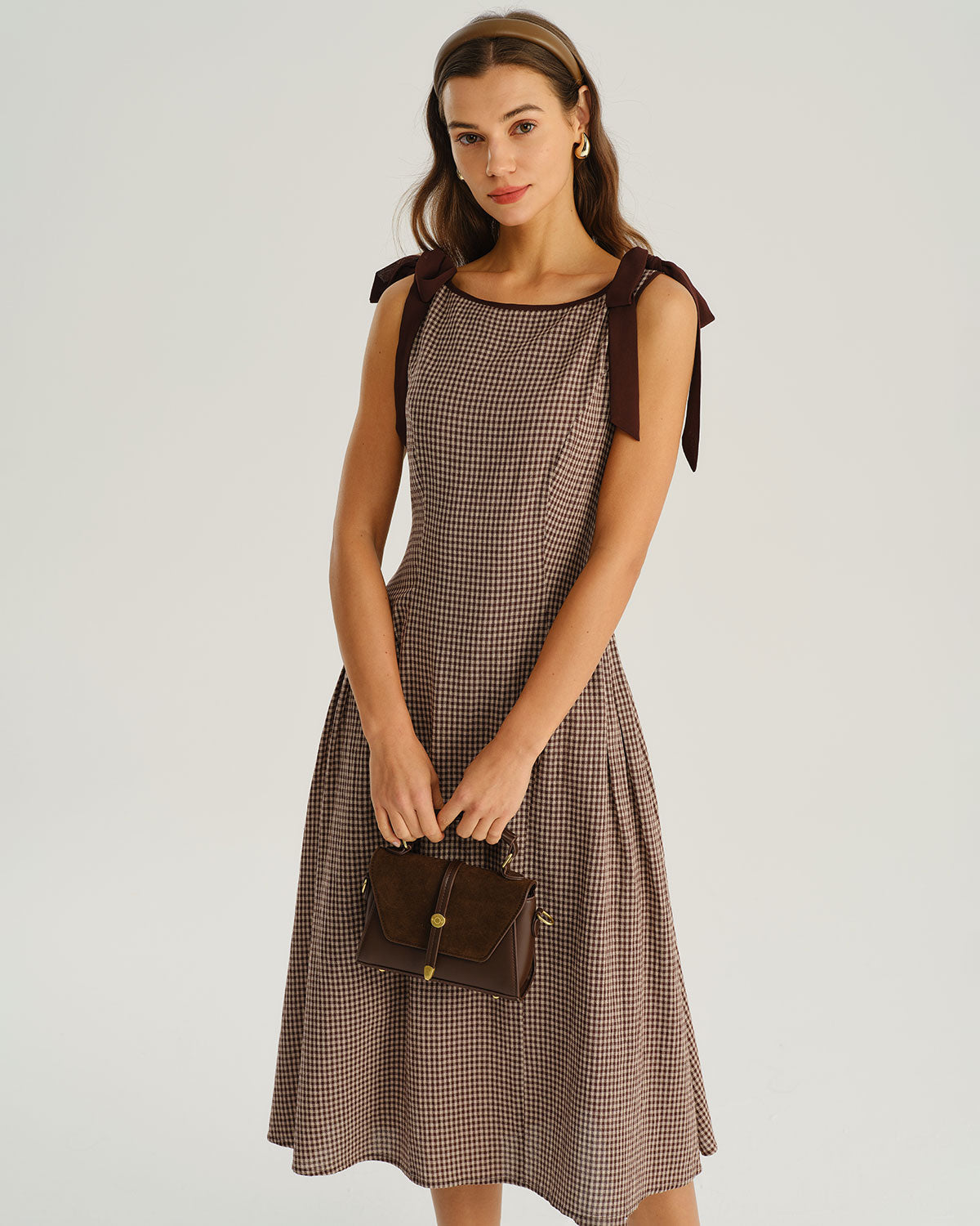 Brown Gingham Midi Dress with Tie Belt - view 3
