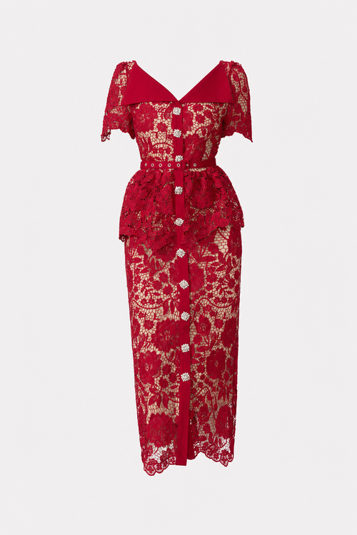 Ruffle Sleeve Off-Shoulder Lace Midi in Red