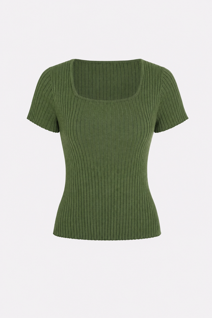 Green square neck ribbed knit tee