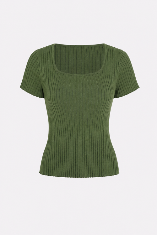 Green square neck ribbed knit tee