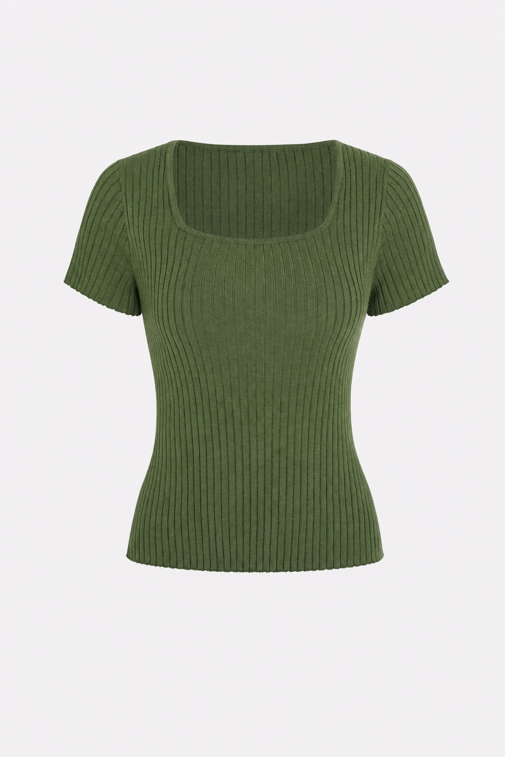 Square Neck Ribbed Knit Tee with Slim Stretch Fit - 1