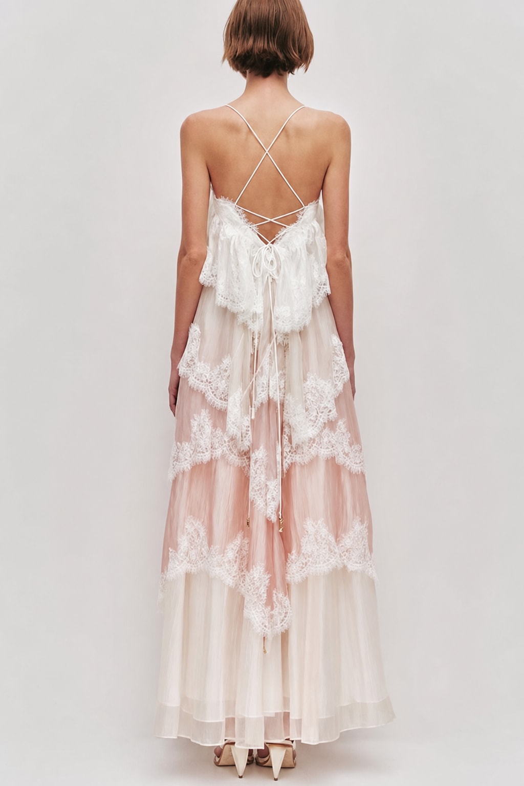 Pink Chiffon Lace Backless Tiered Maxi Dress - 4