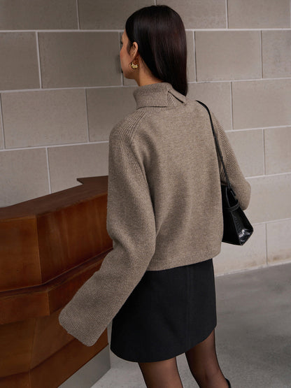 Brown Ribbed Turtleneck Sweater, Cropped - view 4