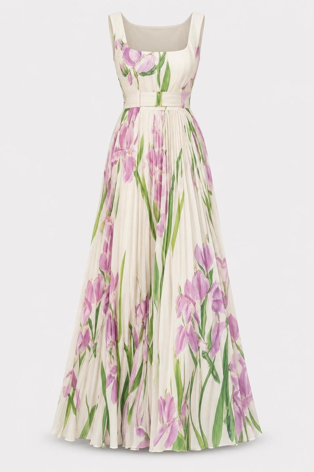 Floral Pleated Midi Dress with Square Neck - 1