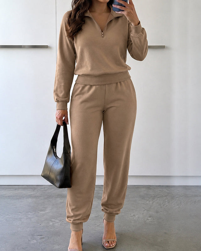 Stretch Knit Two-Piece Jogger Set With Half-Zip Top - 2