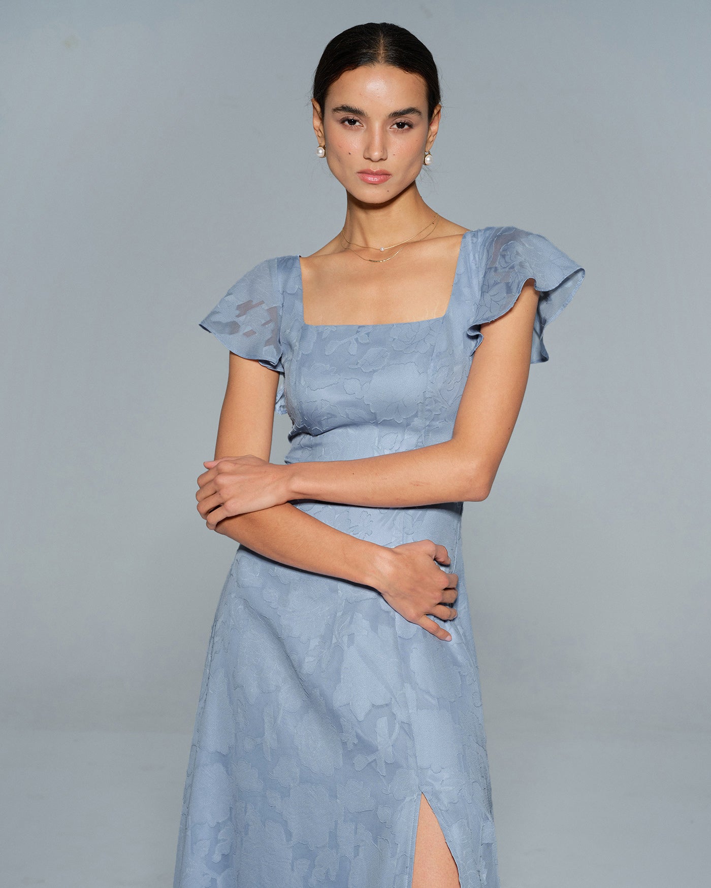 Blue Jacquard Square Neck Midi Dress - view 3