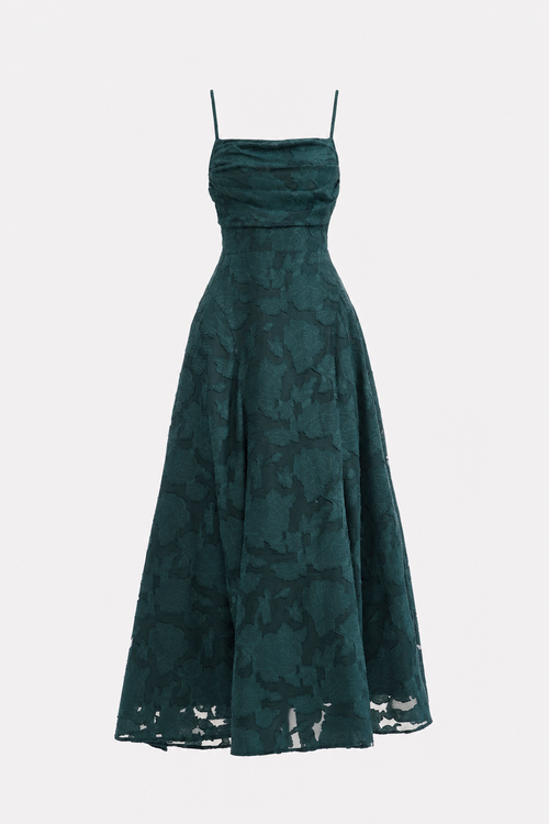 Green Jacquard Maxi Dress with Lace-Up Back