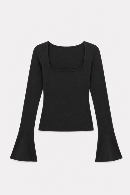 Black square neck flare sleeve tee with side slit
