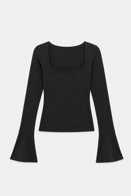 Black square neck flare sleeve tee with side slit