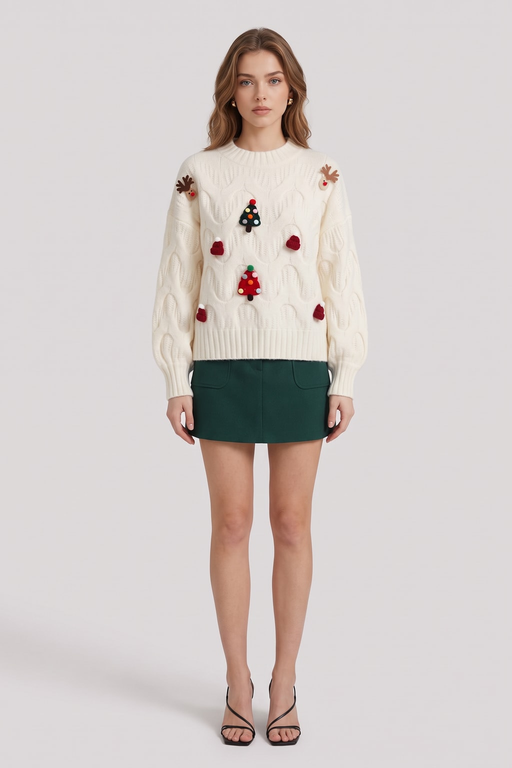 Cotton Cable Knit Sweater with Balloon Sleeves - 4
