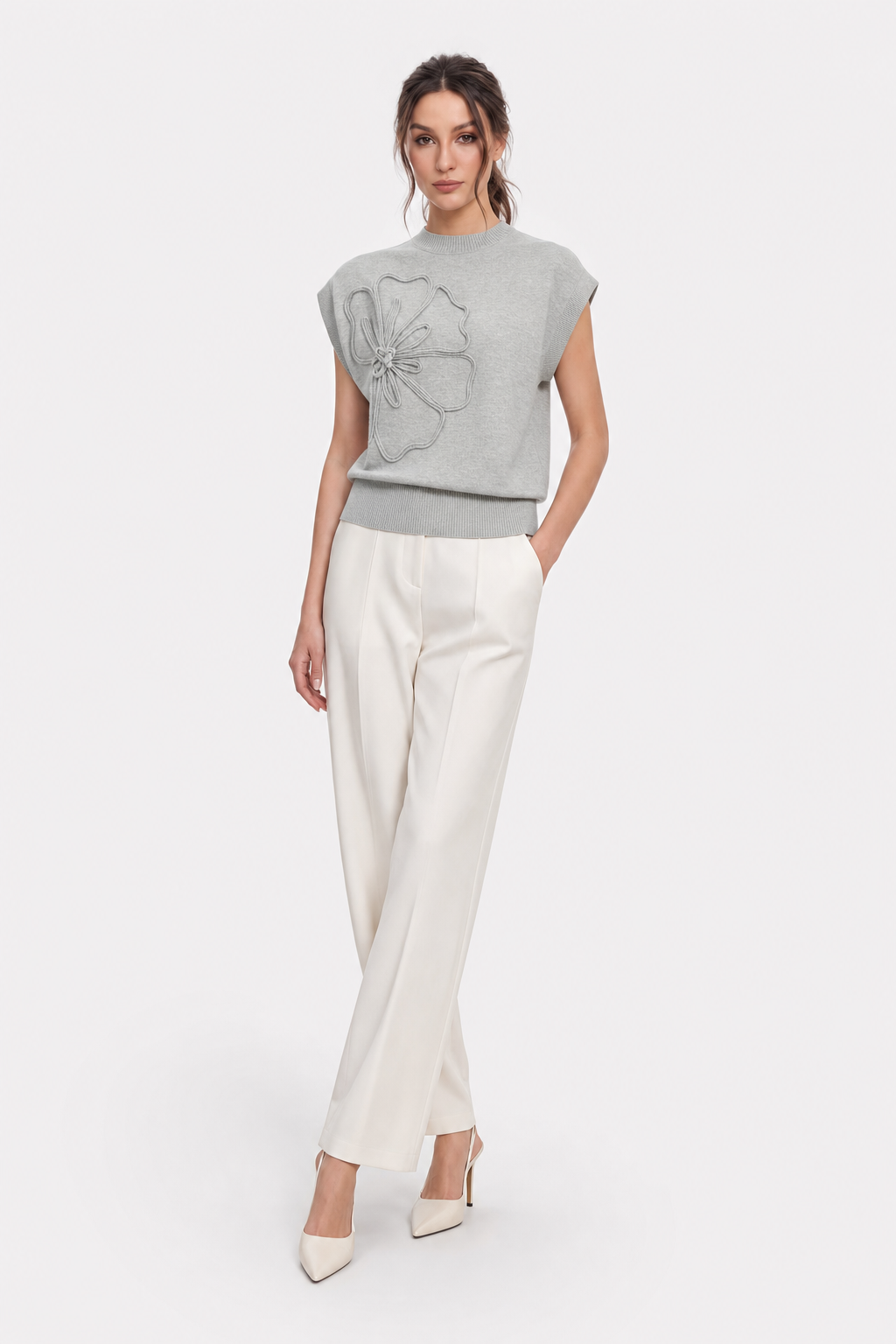 Flower Applique Cap Sleeve Knit Top - view 4