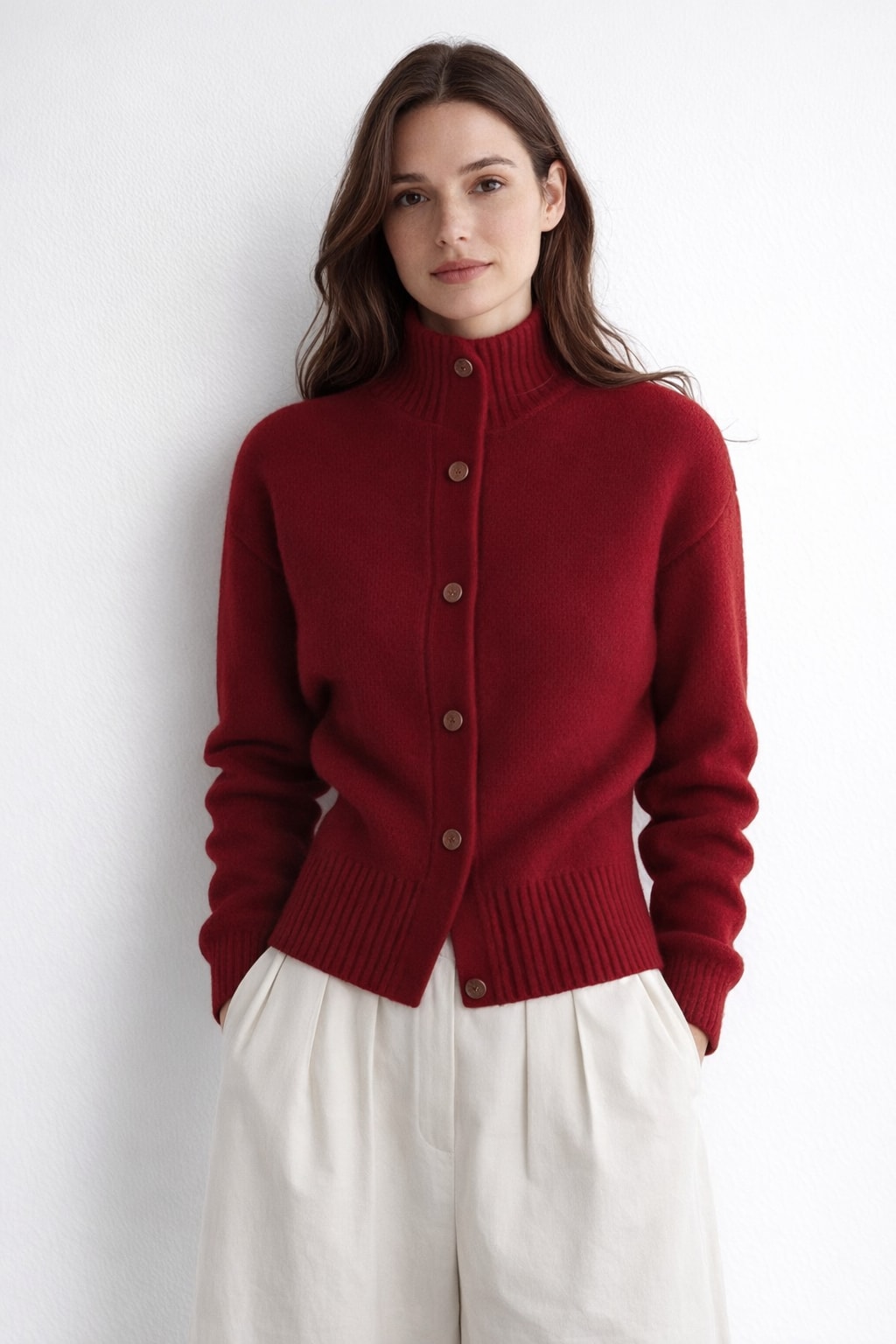 Knitted Cardigan with High-Neck Button Front - 2