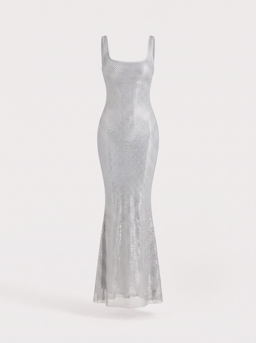 Rhinestone square neck mermaid maxi dress