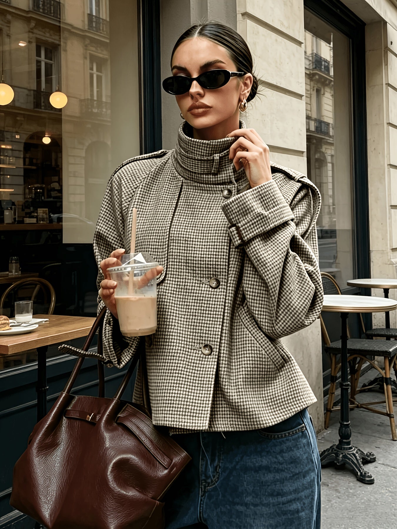 Khaki Houndstooth Cropped Jacket, Stand Collar - view 3