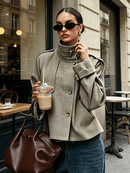 Khaki Houndstooth Cropped Jacket, Stand Collar - view 3