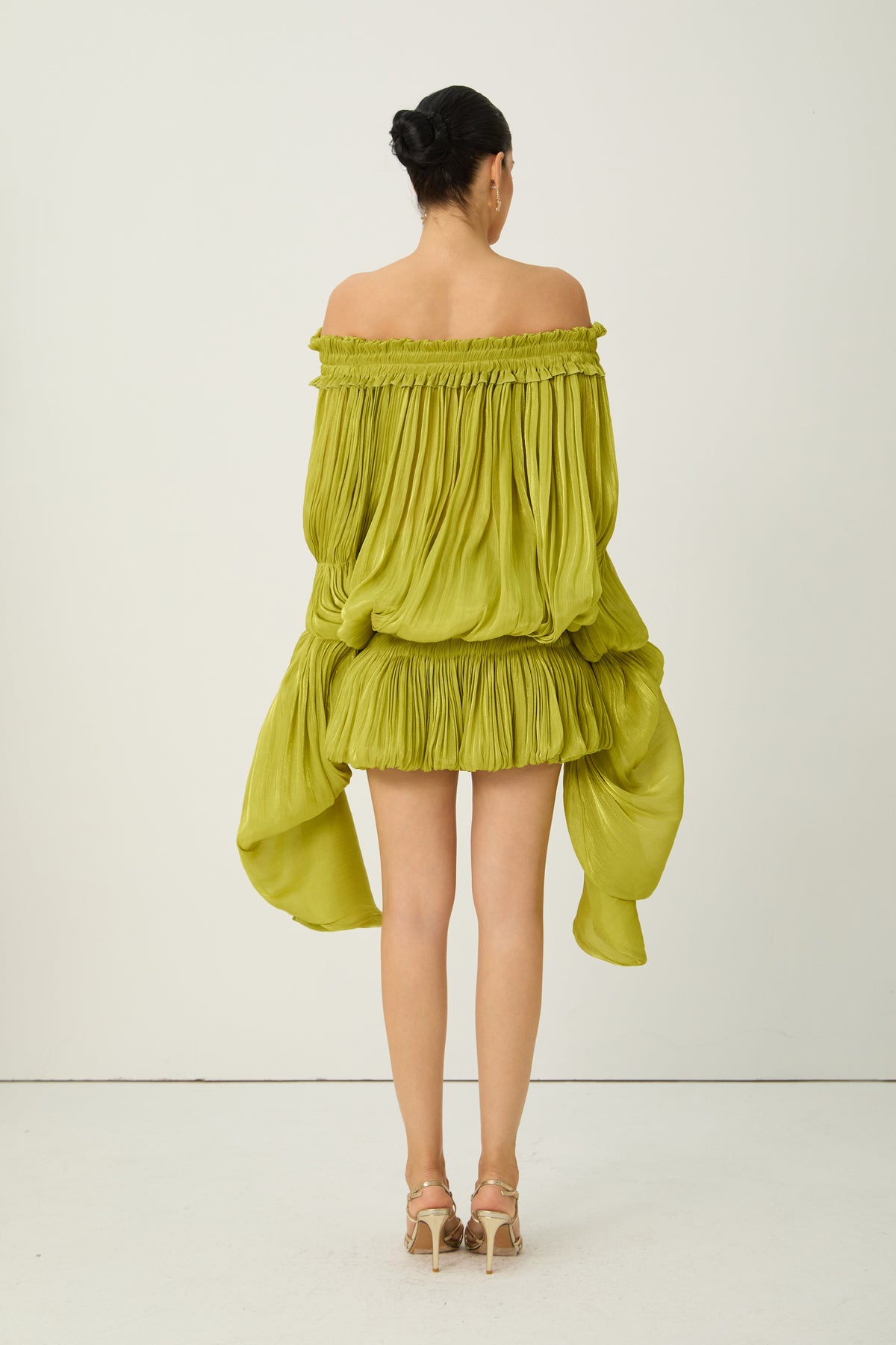 Green Off-Shoulder Ruffle Mini Dress, Pleated - view 4