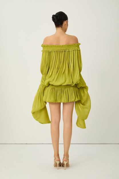 Green Off-Shoulder Ruffle Mini Dress, Pleated - view 4