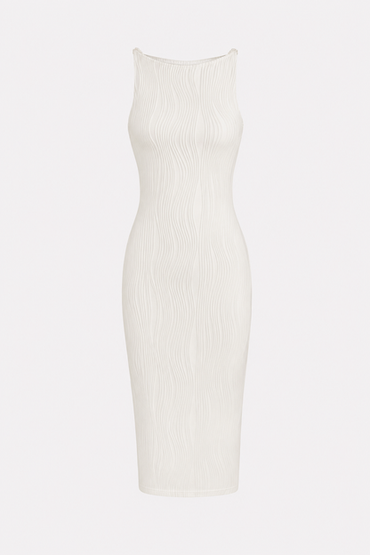 White textured cami midi dress with pearl straps