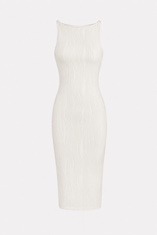 White textured cami midi dress with pearl straps