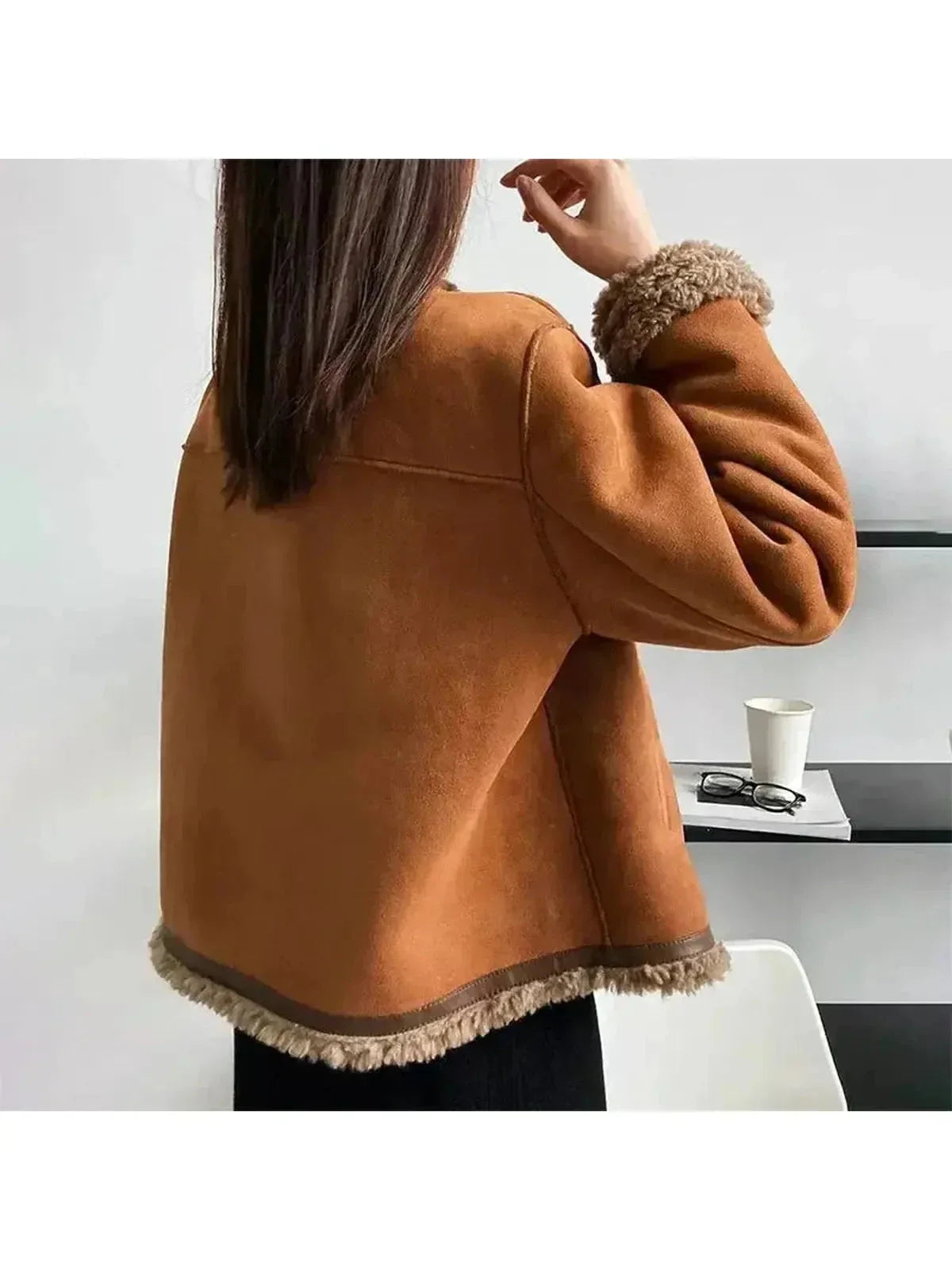 Brown cropped suede shearling collarless jacket - view 5