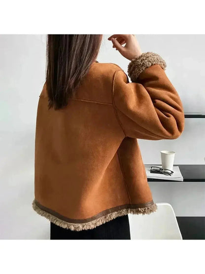 Brown cropped suede shearling collarless jacket - view 5
