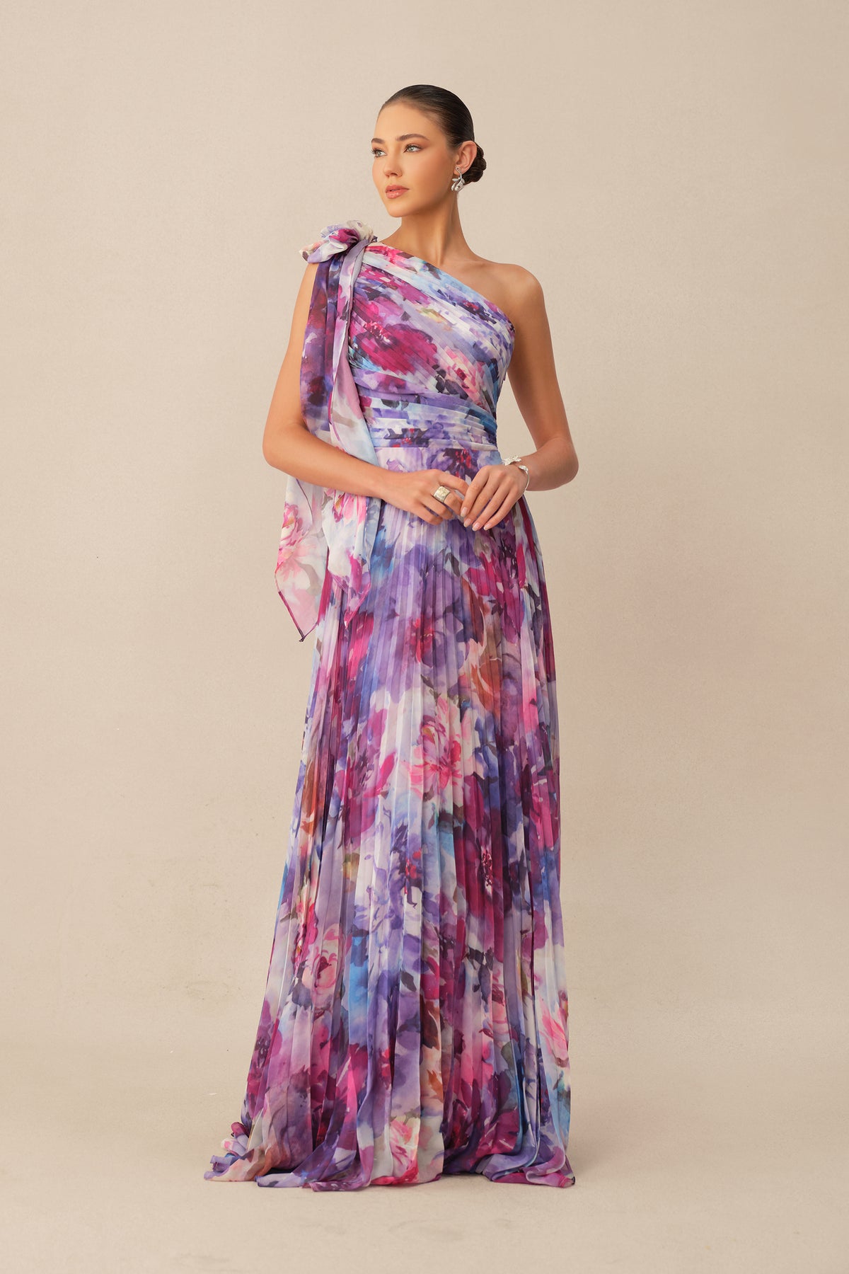 Purple Floral One-Shoulder Chiffon Maxi Dress - view 2