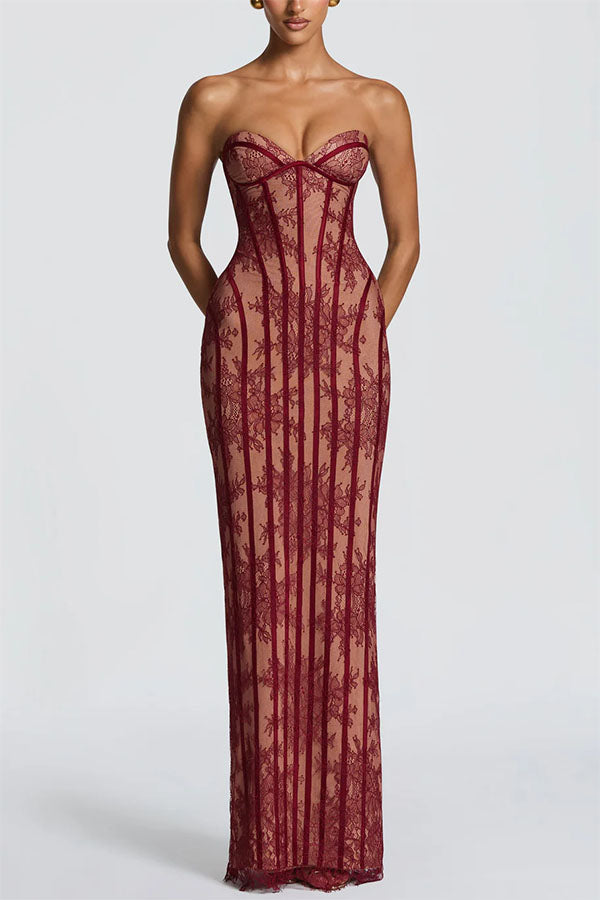 Floral Lace Strapless Maxi Dress with Side Slit - view 6