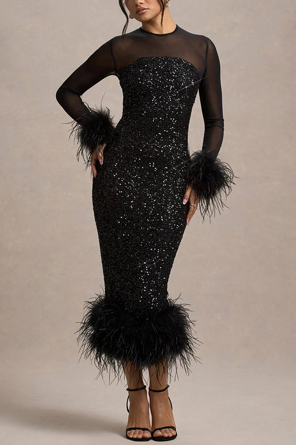 Sequin mesh midi dress with feather trim - view 5