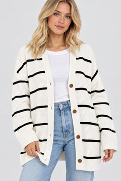 Striped Knit Cardigan With Button-Front Closure - 2