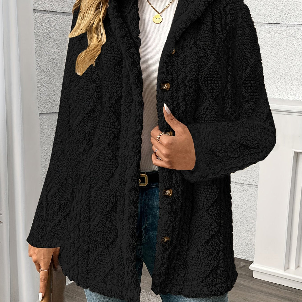 Black textured button front coat - view 2
