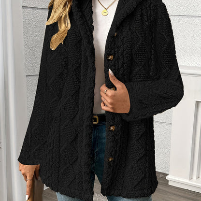 Black textured button front coat - view 2