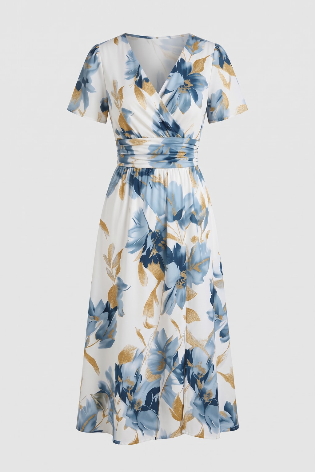 Floral Wrap Midi Dress With Ruched Waist - 1
