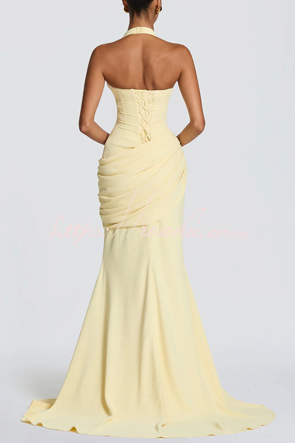 Crepe Halter Maxi Dress with Lace-Up Back - view 5