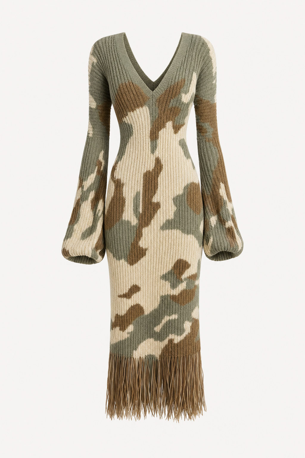 V-Neck Tassel Hem Midi Dress