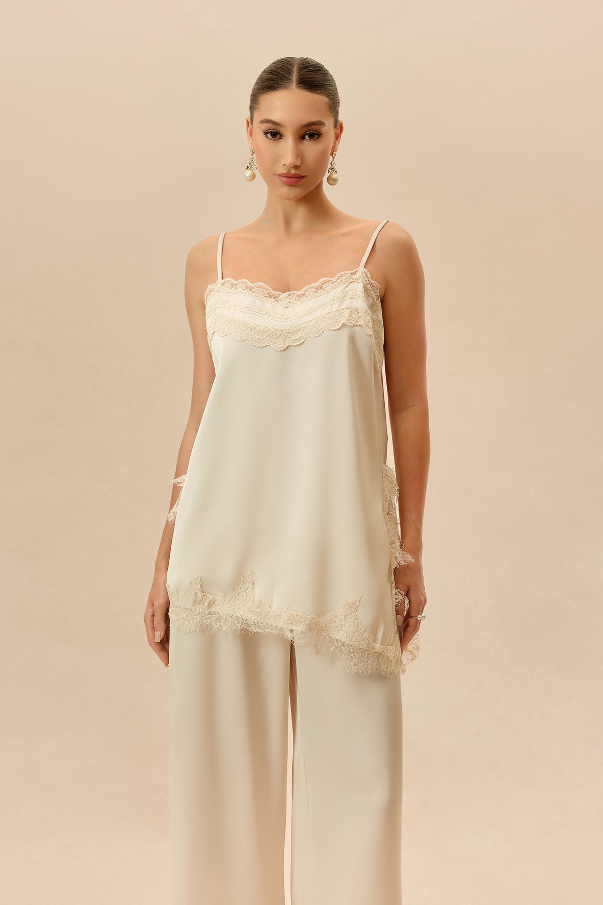 Beige Lace-Trim Cami and Wide-Leg Pants Set - view 3