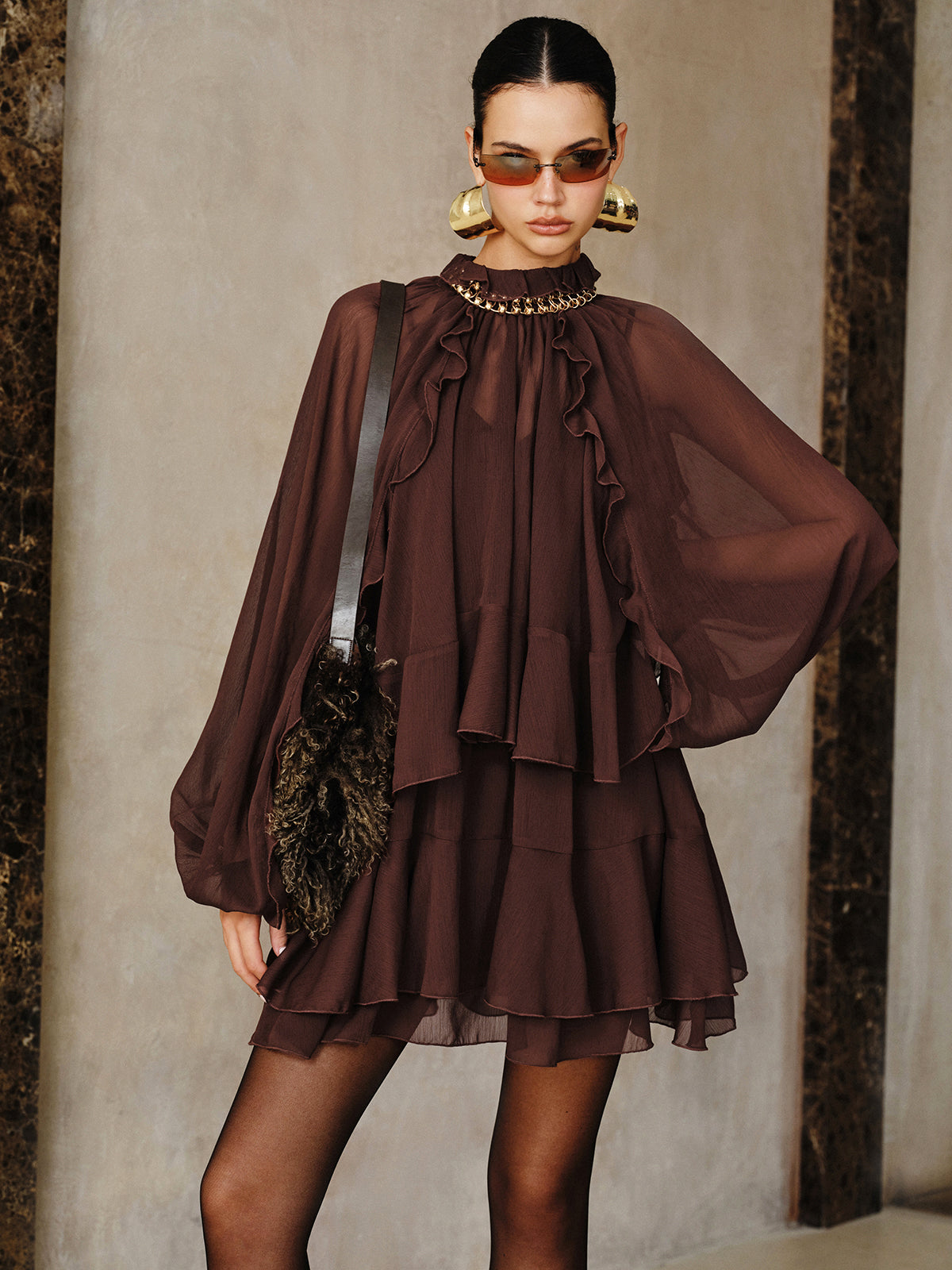Tiered Ruffle Chiffon Mini Dress, Long Sleeve - view 2