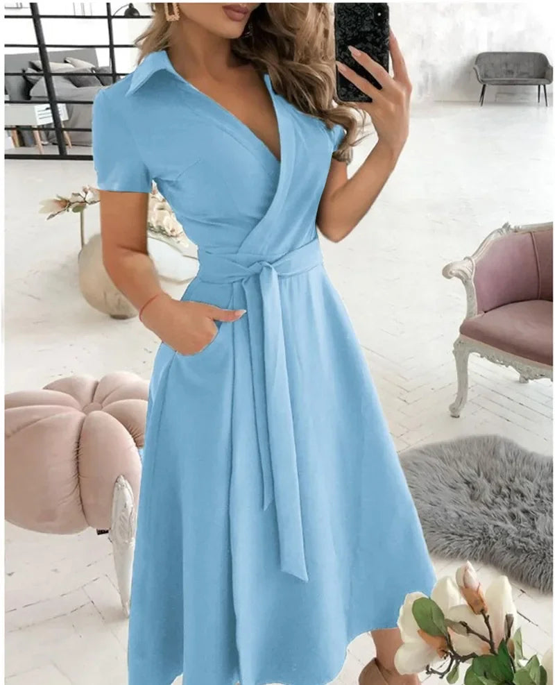 Flowy Wrap Midi Dress with Self-Tie Waist - view 3