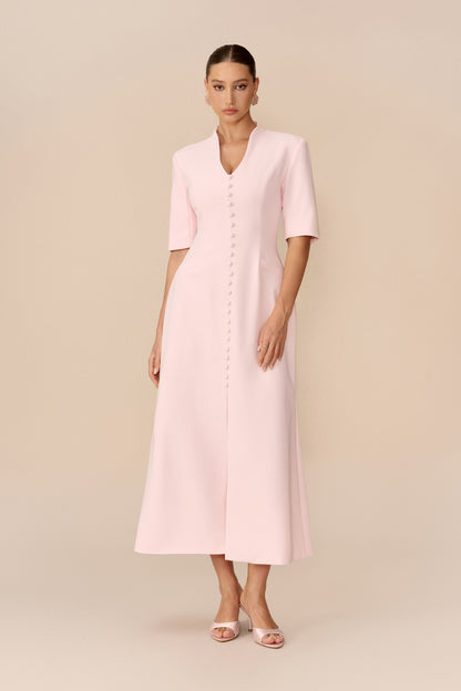 Pink stand collar maxi dress with front slit - view 2