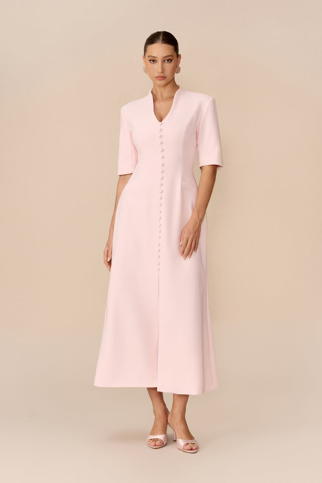 Terylene Stand Collar Maxi Dress With Front Slit - 2