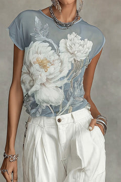 Polyester Mesh Floral Print Short Sleeve Tee Gray-Blue - 2