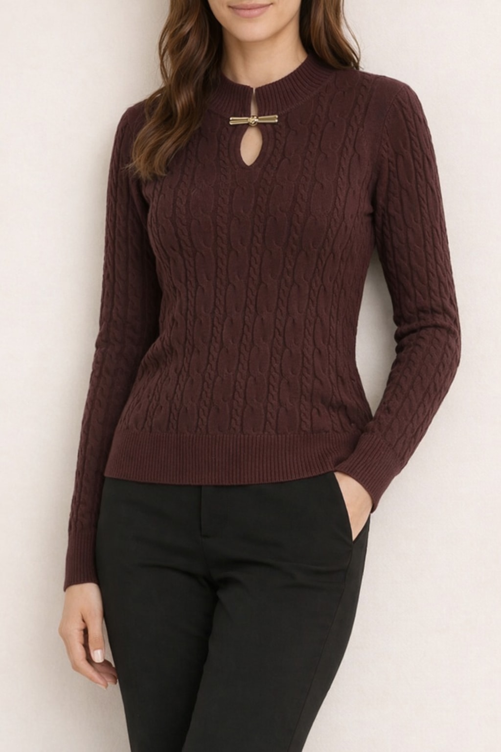 Knit Pullover Sweater With Stand Collar And Hollow Front - 2